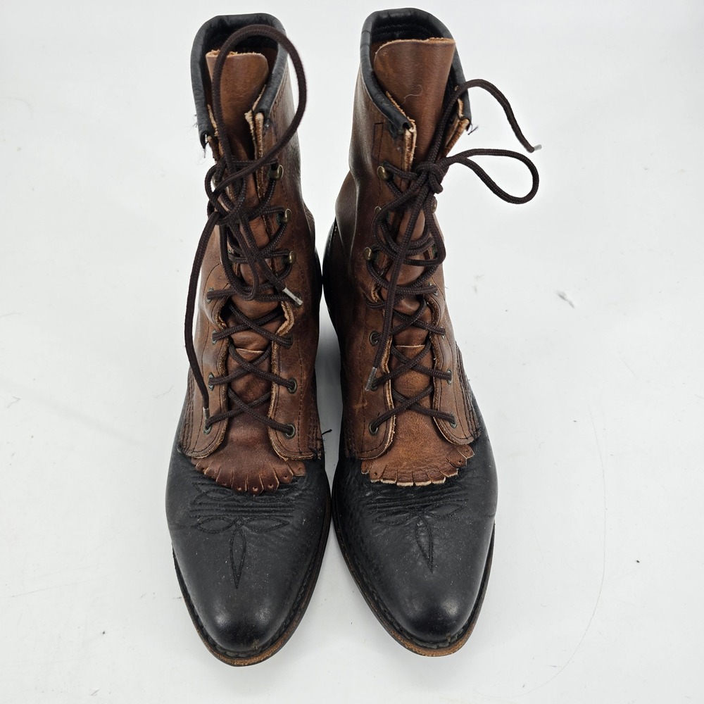Justin Lace Up Roper Boots Womens 7.5 M Boots Brown Black Leather Kiltie USA - Picture 9 of 9